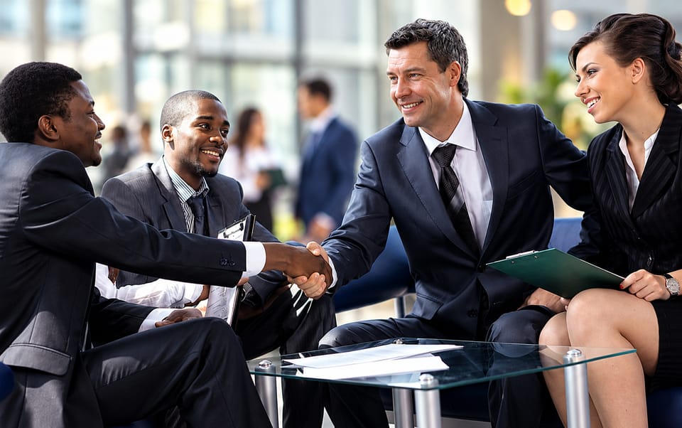 Four business professionals meeting in a bright lobby; two of them shake hands across a glass table.