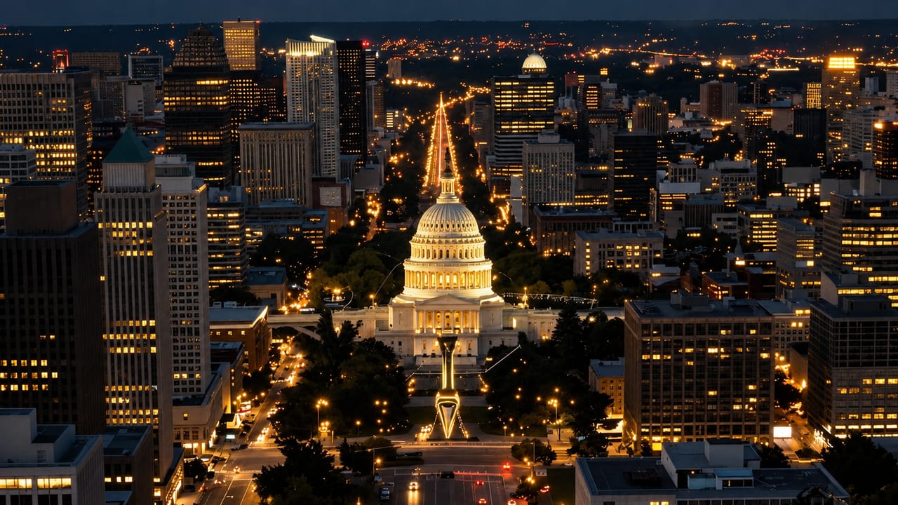 Night aerial view centered on the illuminated U.S. Capitol dome, with city lights in gold.