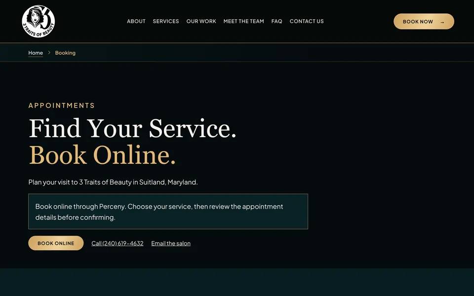 Booking page: book online through Perceny, or call or email the salon