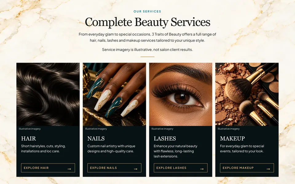 Services page: hair, nails, lashes and makeup, each with its own way in